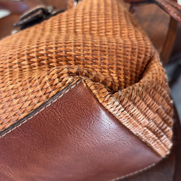 Fossil Vintage Straw bag/leather trim cinnamon brown/brown Silvertone 3 compart - Picture 15 of 17